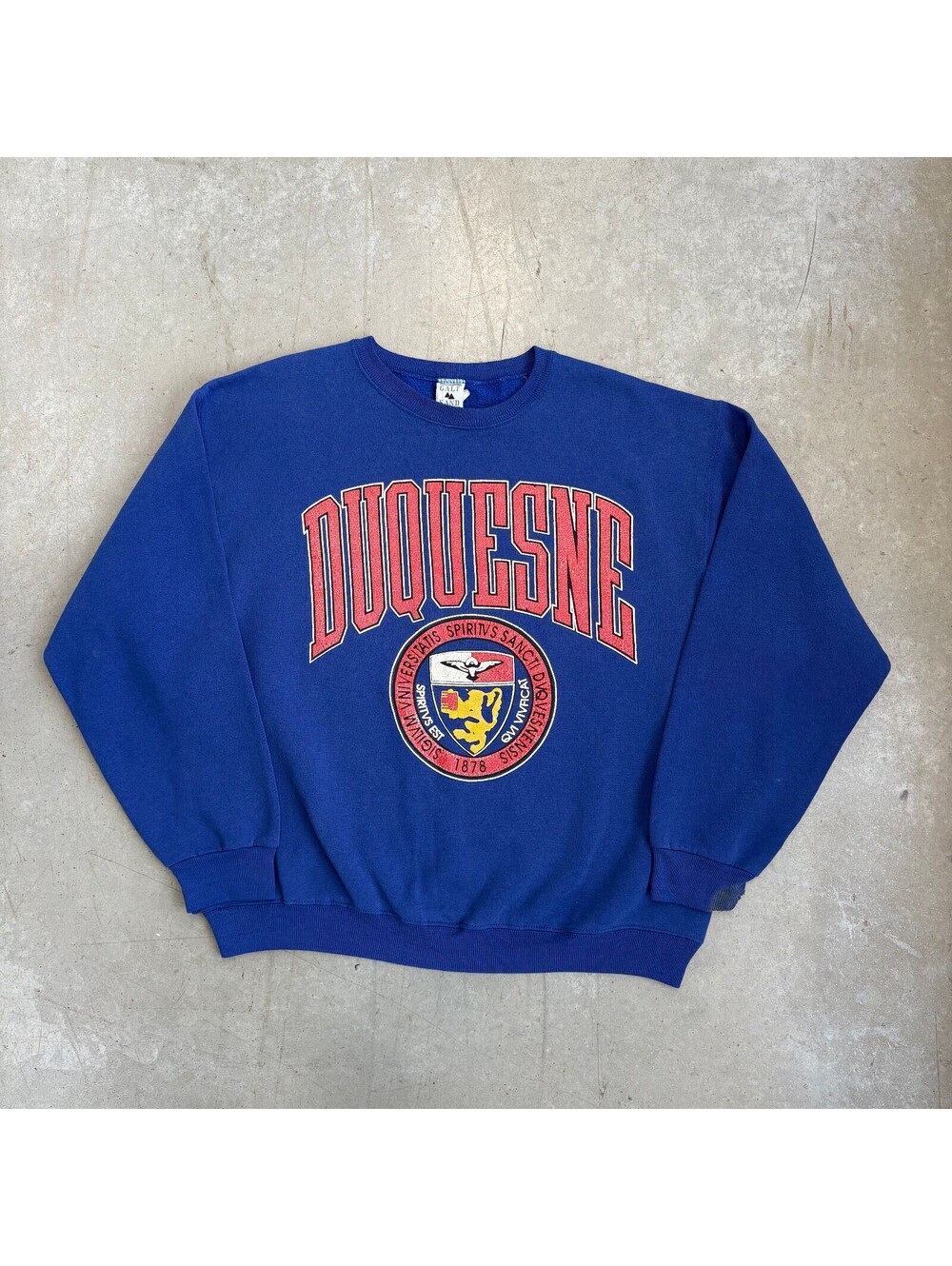 Vintage 90s Duquesne Spellout Collegiate Graphic Sweatshirt Extra Large Blue